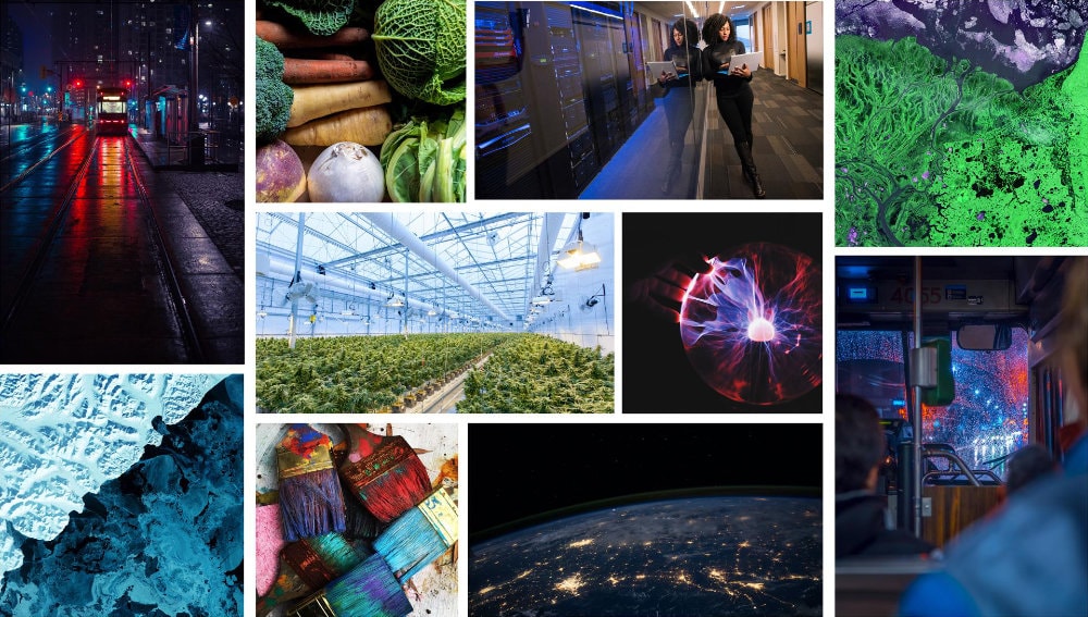 Grid of images related to sustainable agriculture, mental health, climate change, suburban mobility, food security, and environmental issues